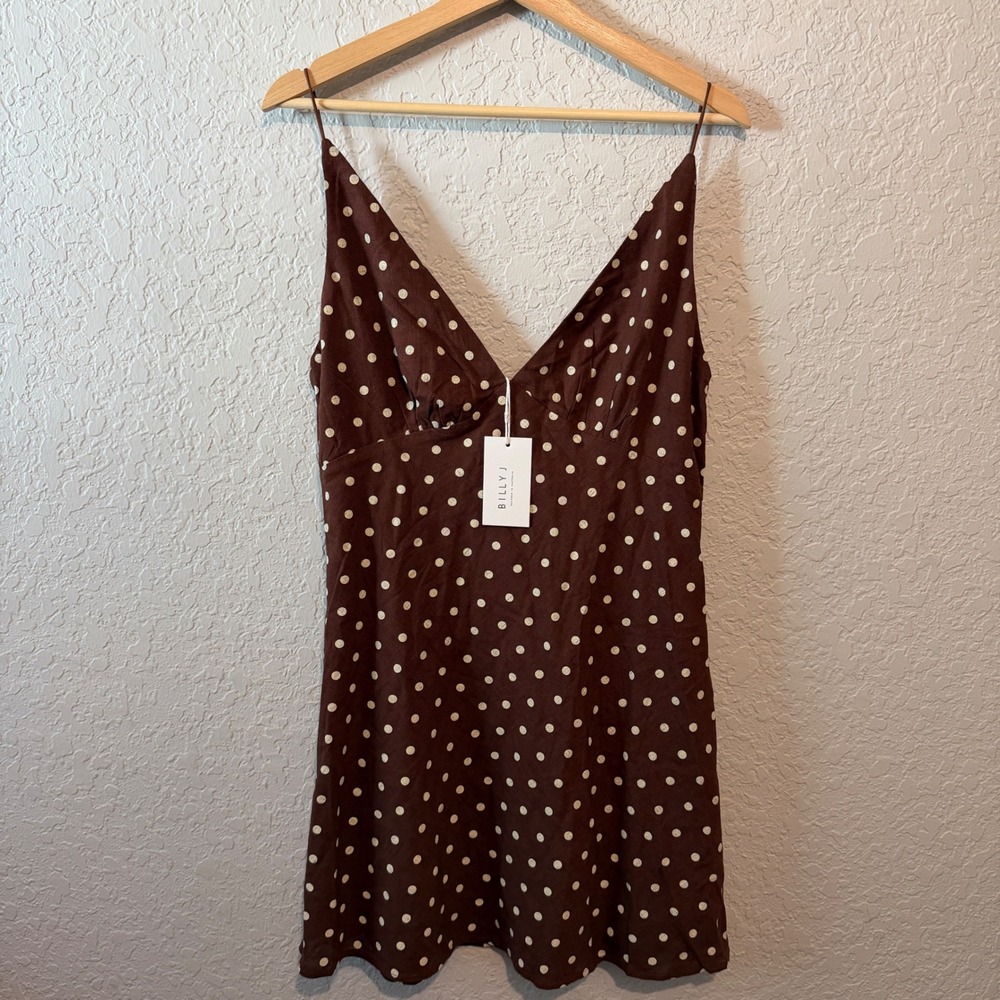 Billy J Polka Dot Linen Blend Mini Dress Size 16 Retro Cottagecore Brown